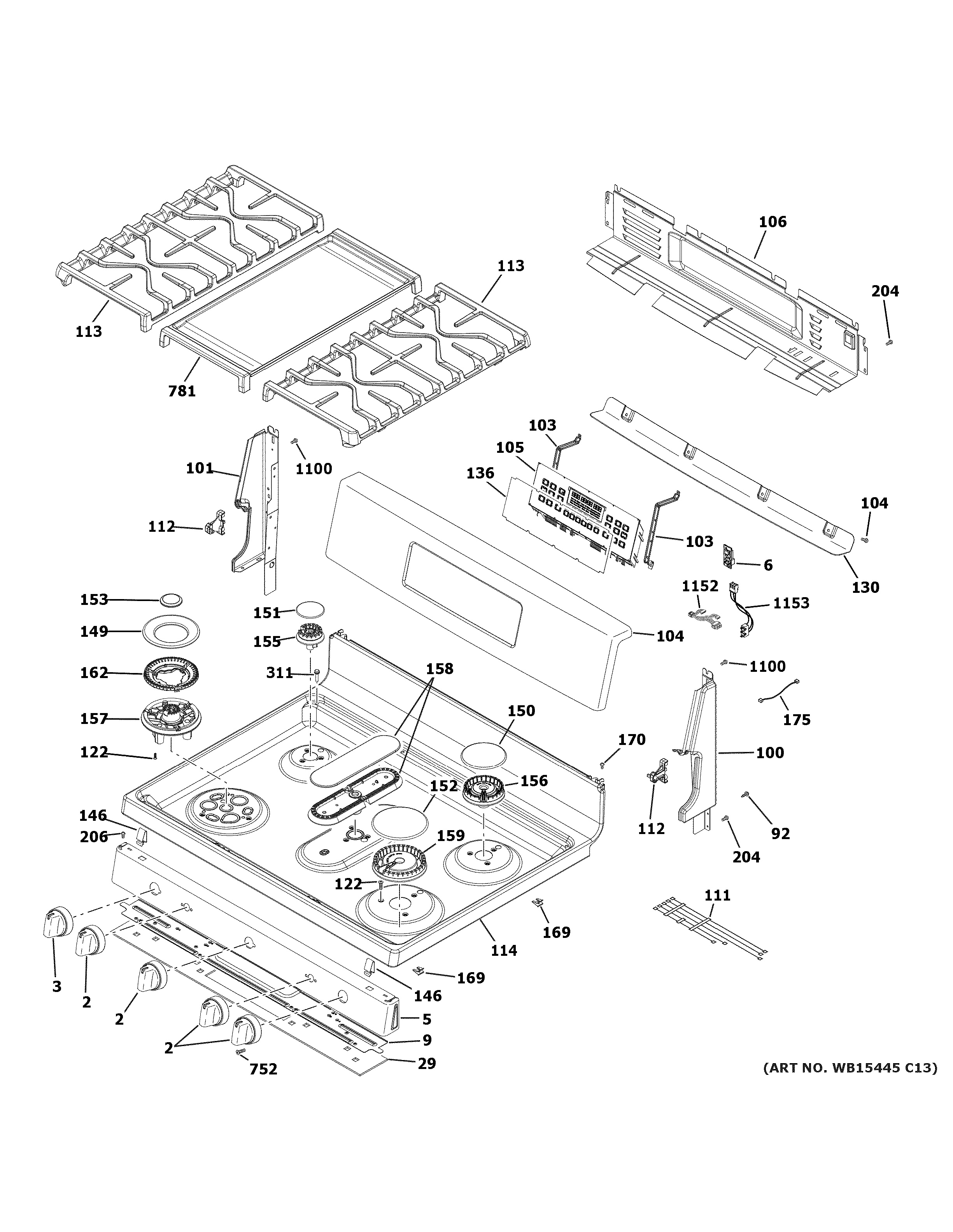 Assembly View for CONTROL PANEL & COOKTOP PGB965YP2FS